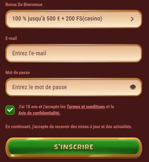 Formulaire d'inscription Magius Casino avec sélection du bonus, champs e-mail et mot de passe et validation des conditions